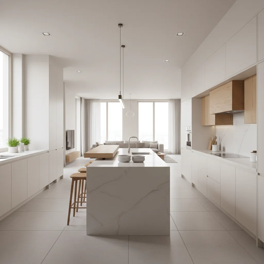 Large modern kitchen with long central island and open layout