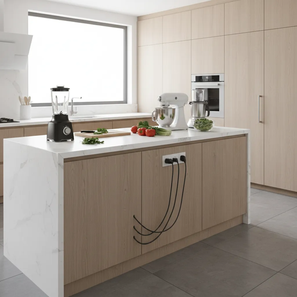 Kitchen island countertop with multiple small appliances plugged into outlets