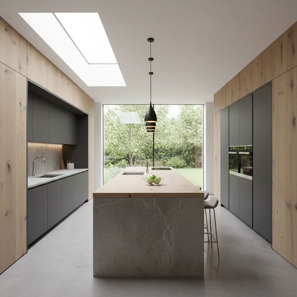 Cocina moderna con isla central mostrando espacio correcto de circulación