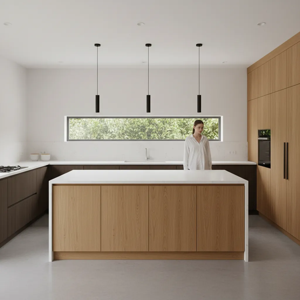3D visualization showing proper spacing around a kitchen island