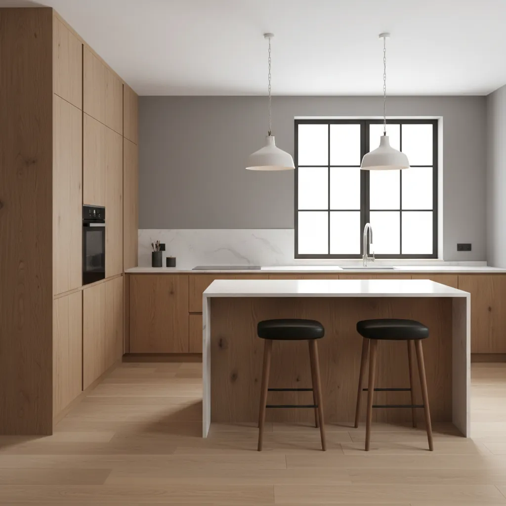 Cocina moderna con isla central y espacio de circulación adecuado