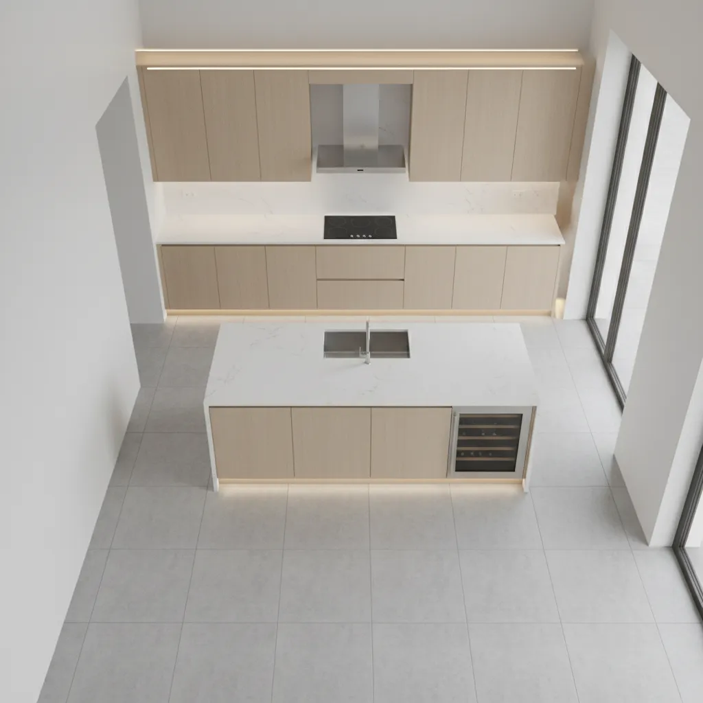 Kitchen layout showing proper spacing between cabinets and island