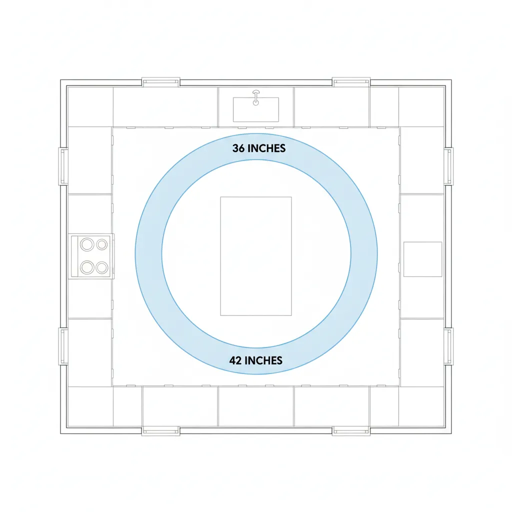 diagram showing 36 42 and 48 inch clearance around kitchen island