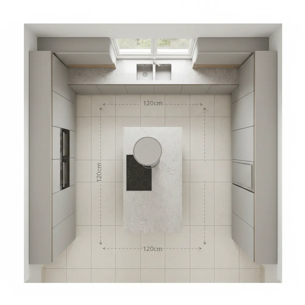 Kitchen layout showing spacing around island and chimney placement