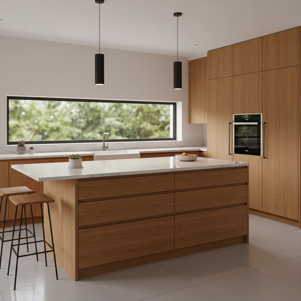 Kitchen island with deep drawers and seating in L shaped kitchen