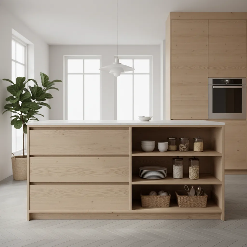 Kitchen island showing both drawer storage and open shelves underneath