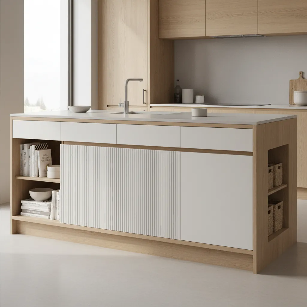 kitchen island with drawers cabinets and organized cooking tools