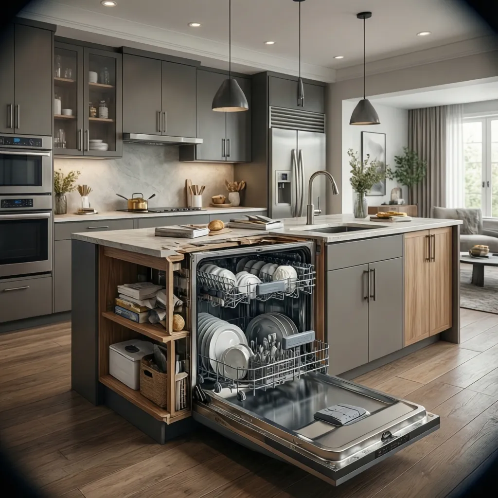 comparison of kitchen island storage space versus sink dishwasher placement