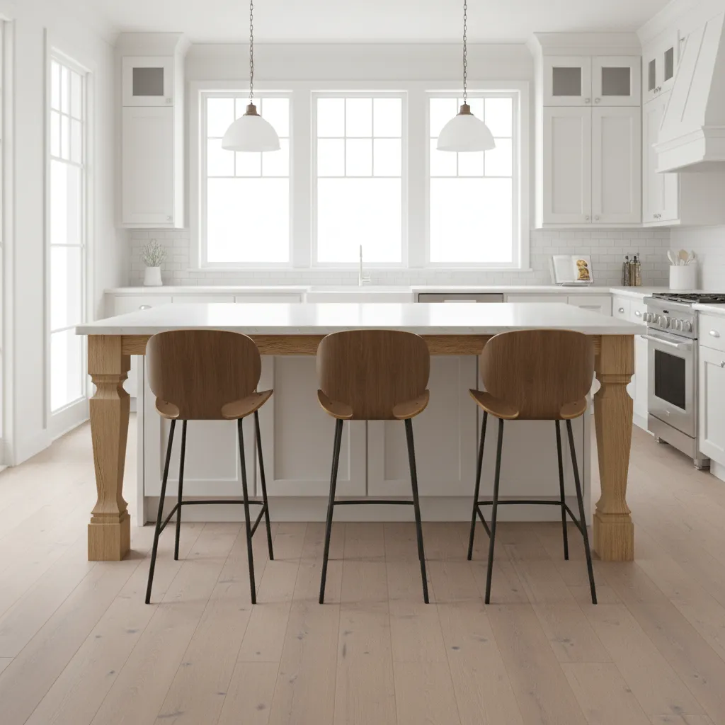 Modern white kitchen with wooden island legs three bar stools white cabinets and bright windows