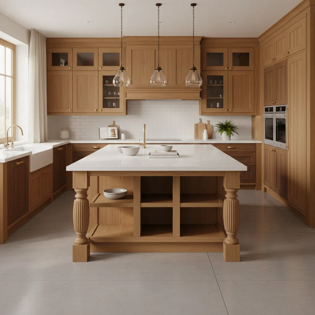 Traditional wooden kitchen island with decorative legs white stone countertop and three glass hanging lights