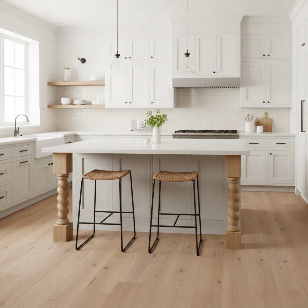 White kitchen design with island featuring decorative carved wooden legs metal stools and wood floor