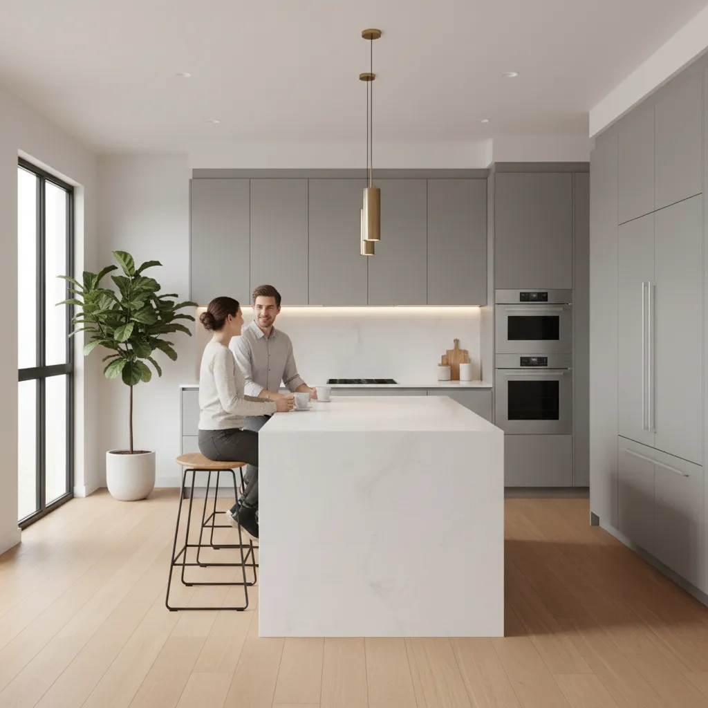 kitchen island with stools blocking walking path behind seating