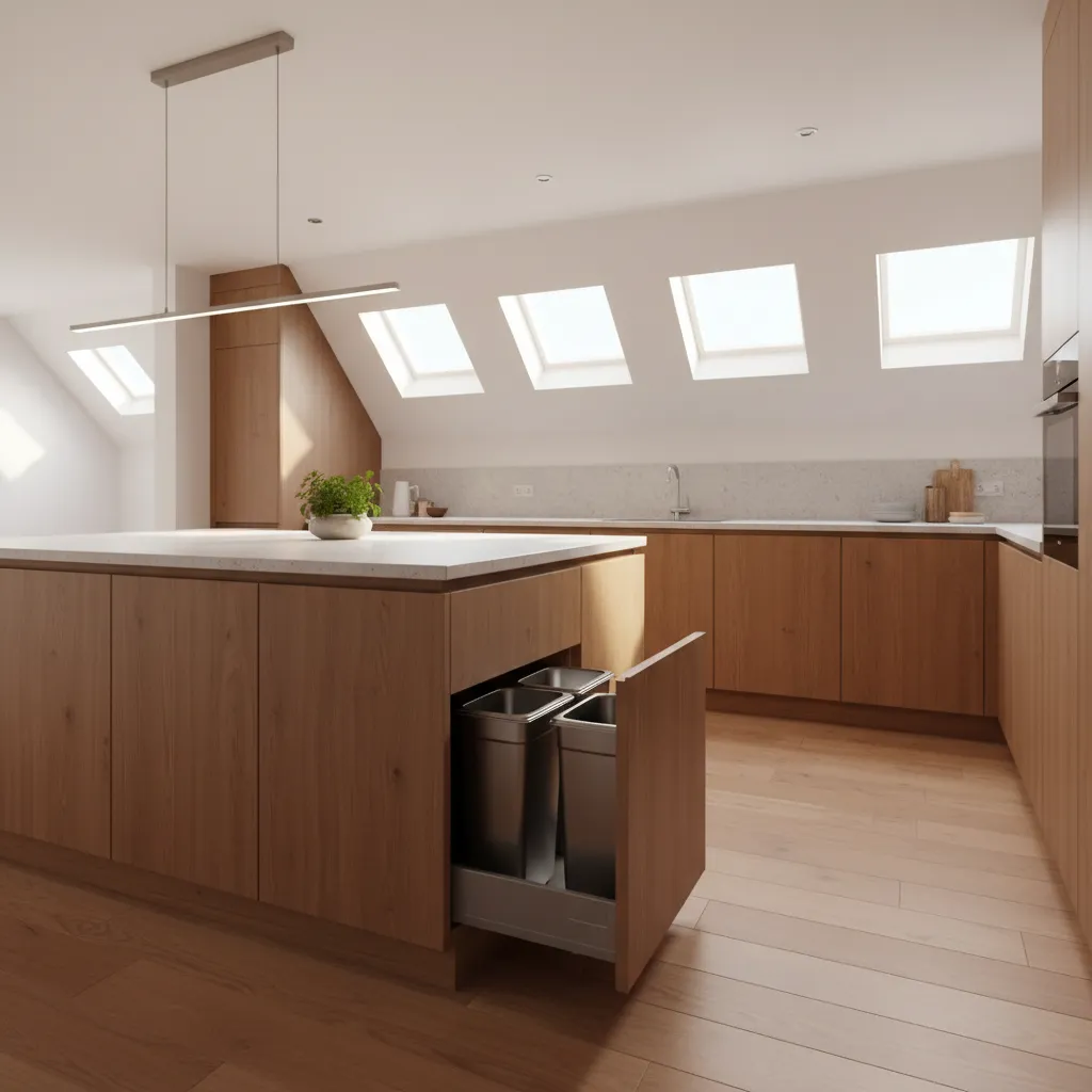 modern kitchen island with integrated pull out trash cabinet