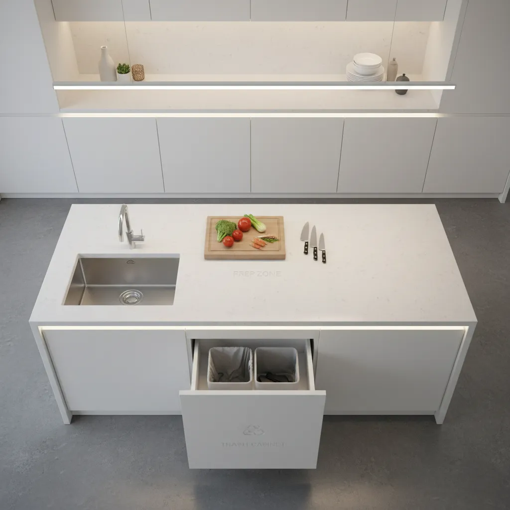Kitchen island layout showing trash placement near sink and prep zone