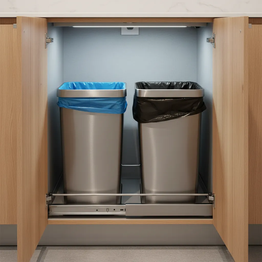 Kitchen island cabinet with dual pull out trash and recycling bins
