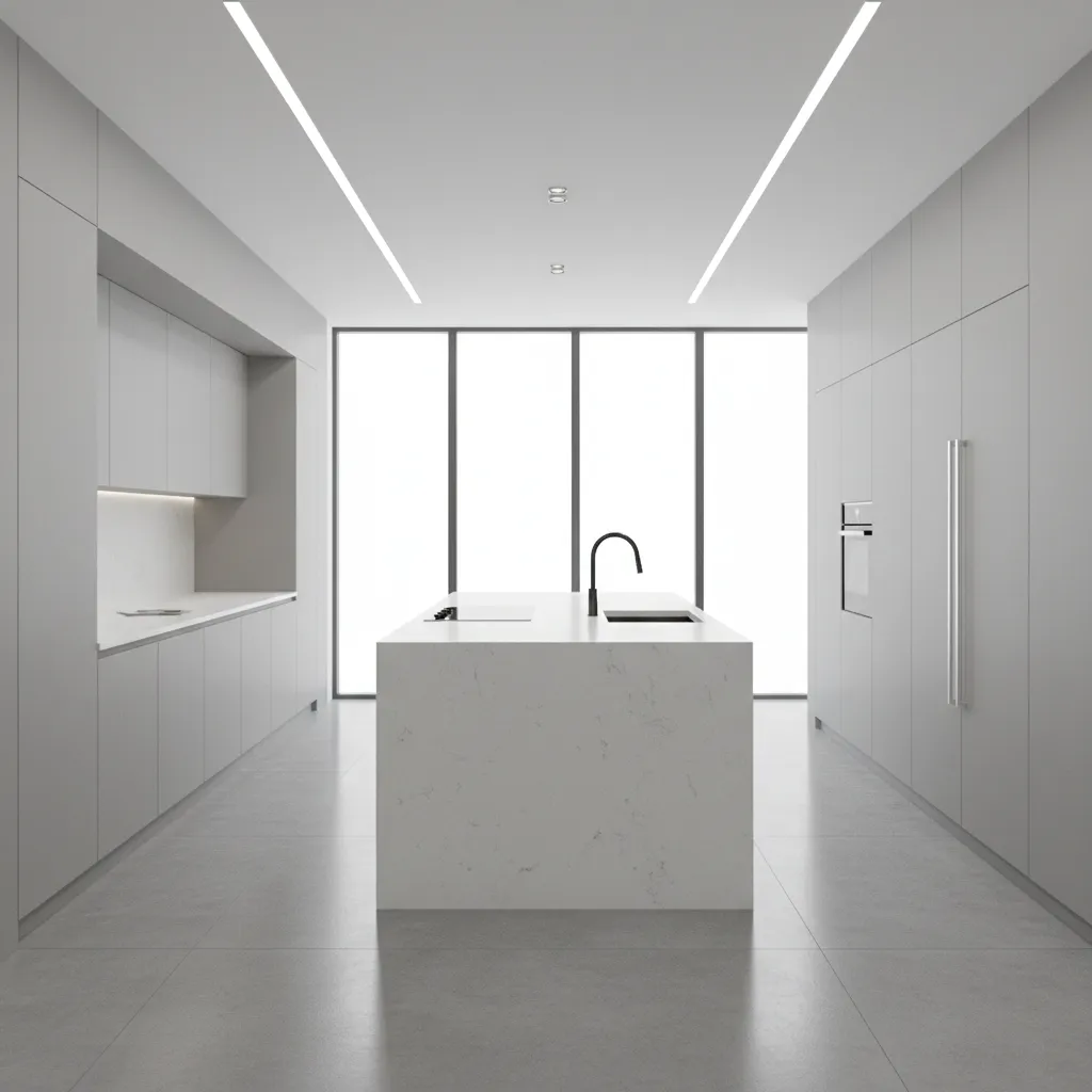 kitchen island with clear walking space between island and cabinets
