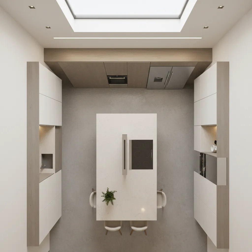 kitchen layout showing clear walkway space around island