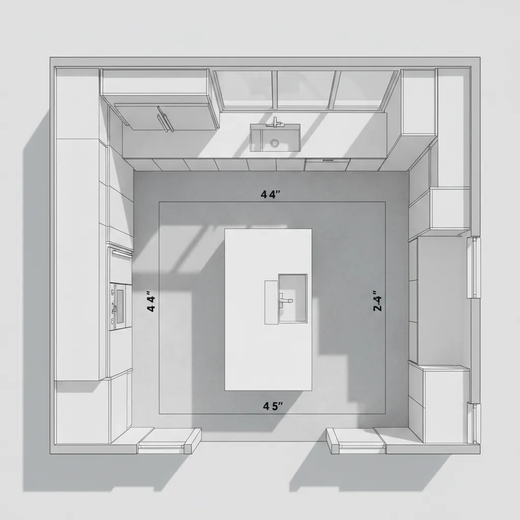 kitchen layout showing walkway clearance around island