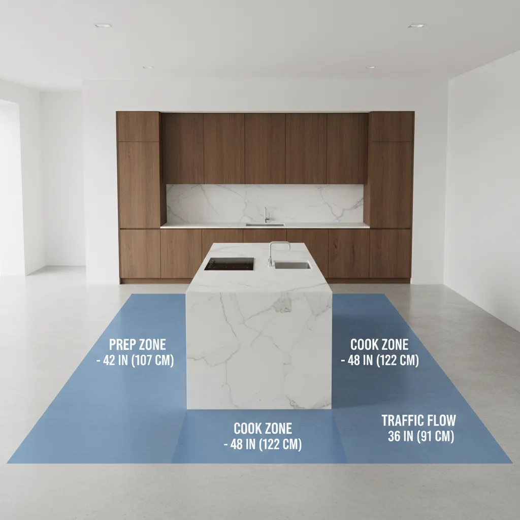 Kitchen diagram showing 42 to 48 inch walkway clearance around island