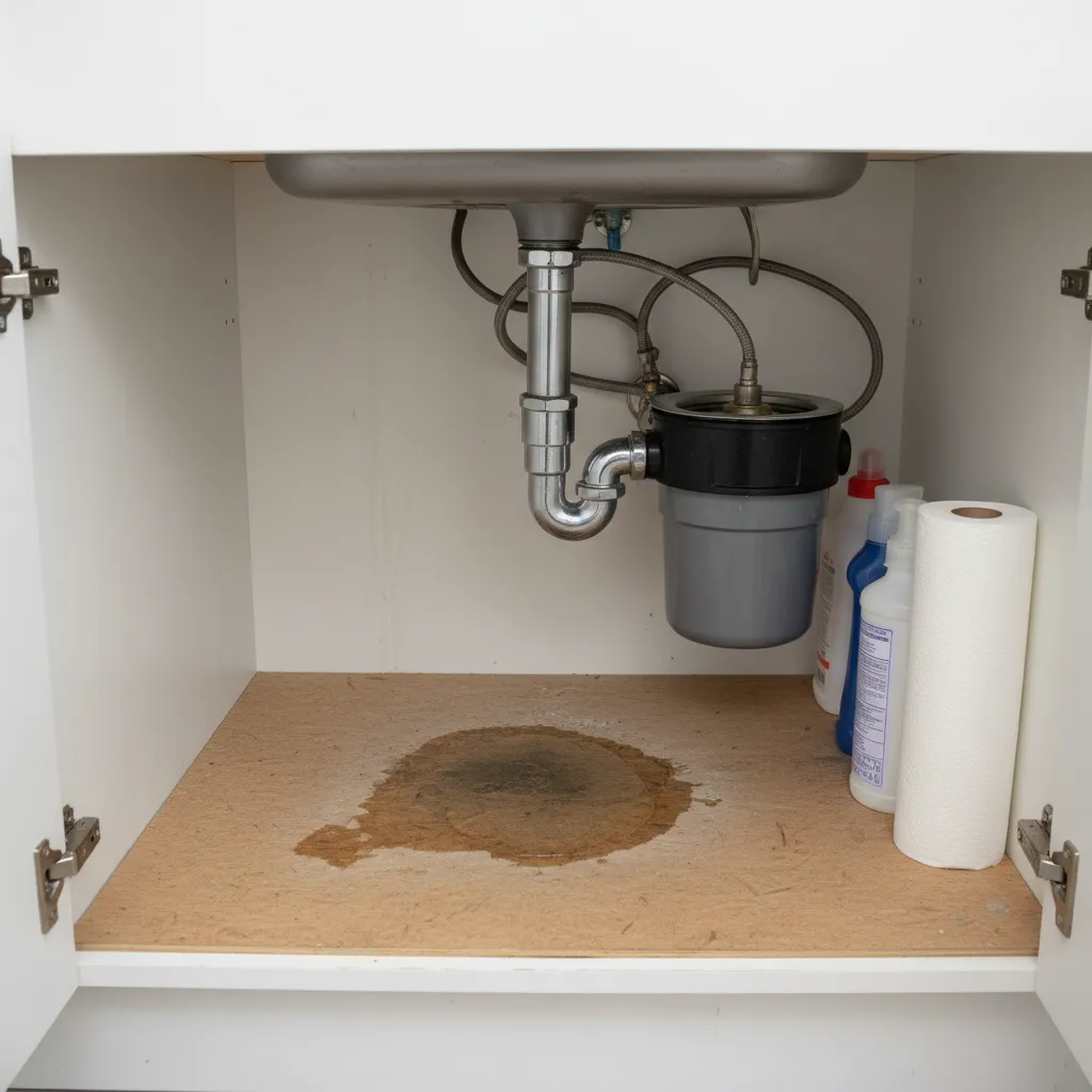 Water damage under kitchen island cabinet from leaking plumbing