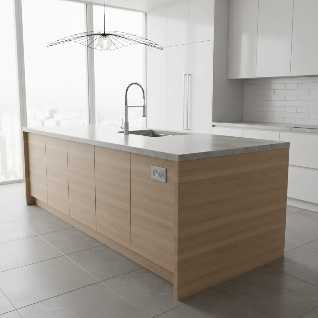 Kitchen island sink area showing safe distance between water and outlets