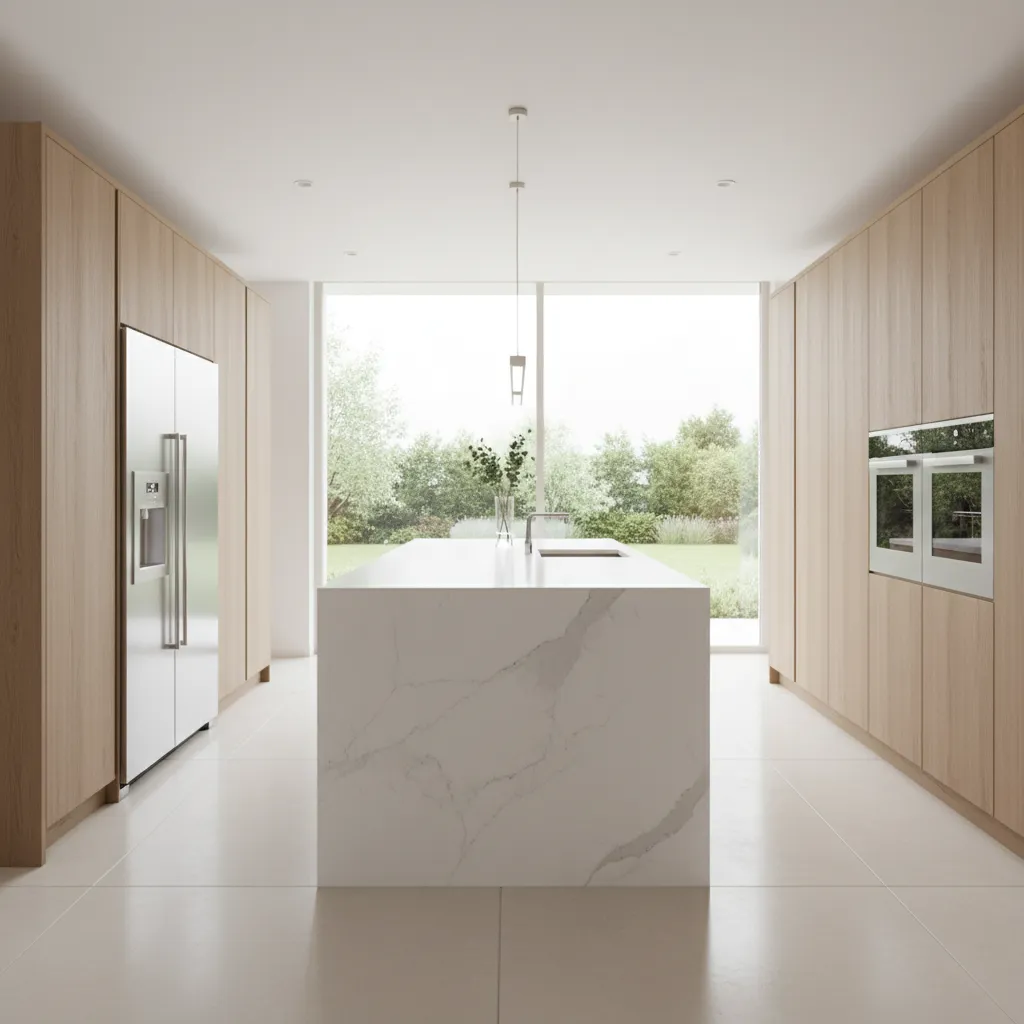 Kitchen island with waterfall quartz countertop