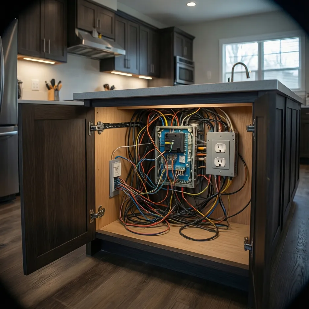 Open kitchen island cabinet showing electrical outlet box and wiring