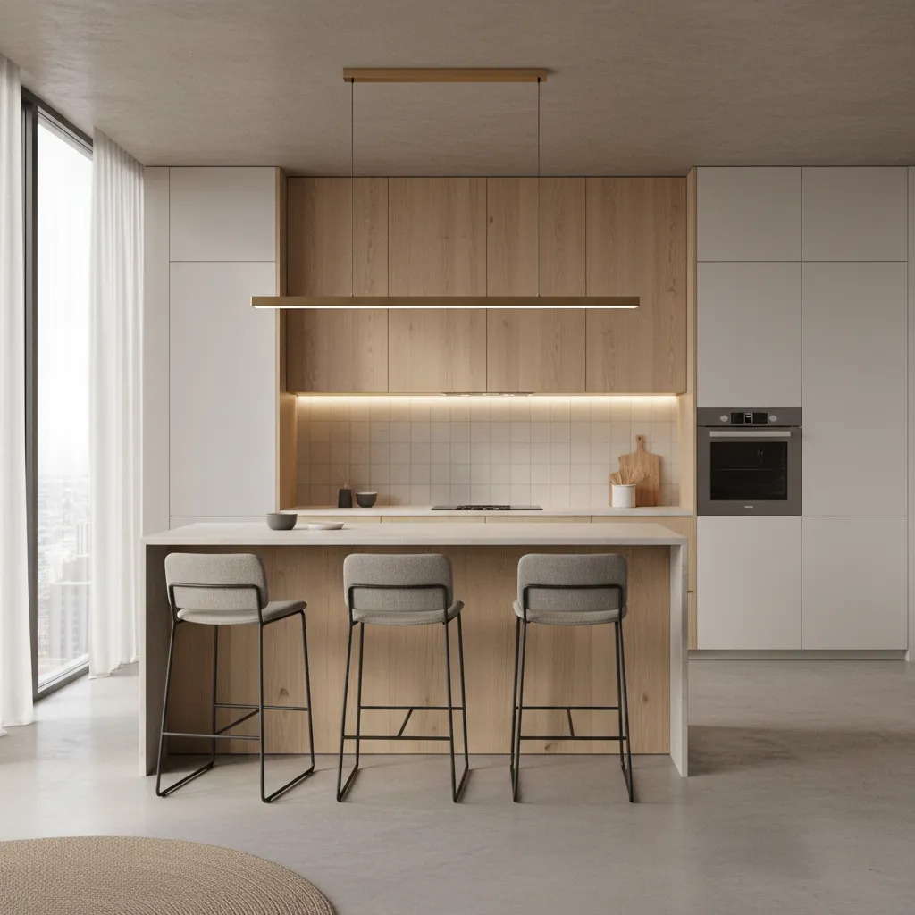 Kitchen island with bar seating and slightly shorter linear pendant light above