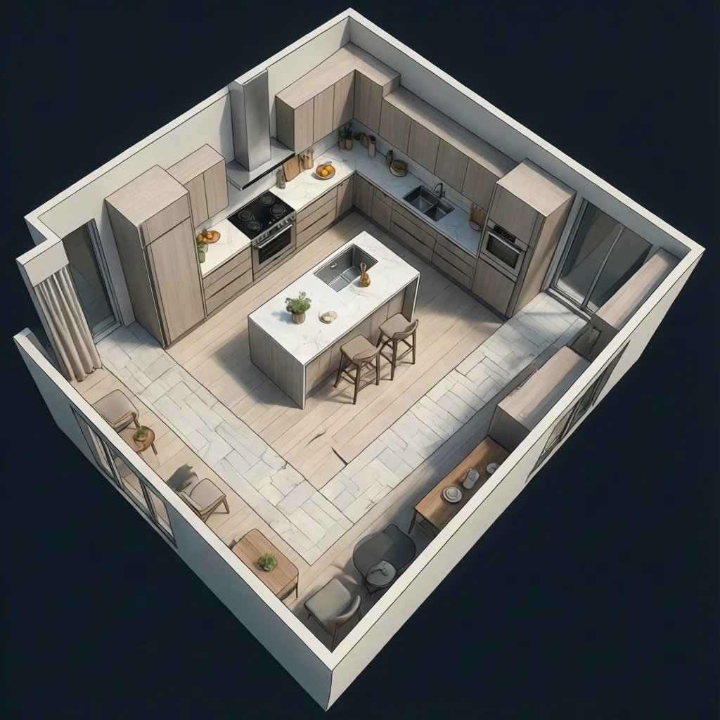Kitchen layout showing walkway clearance around island