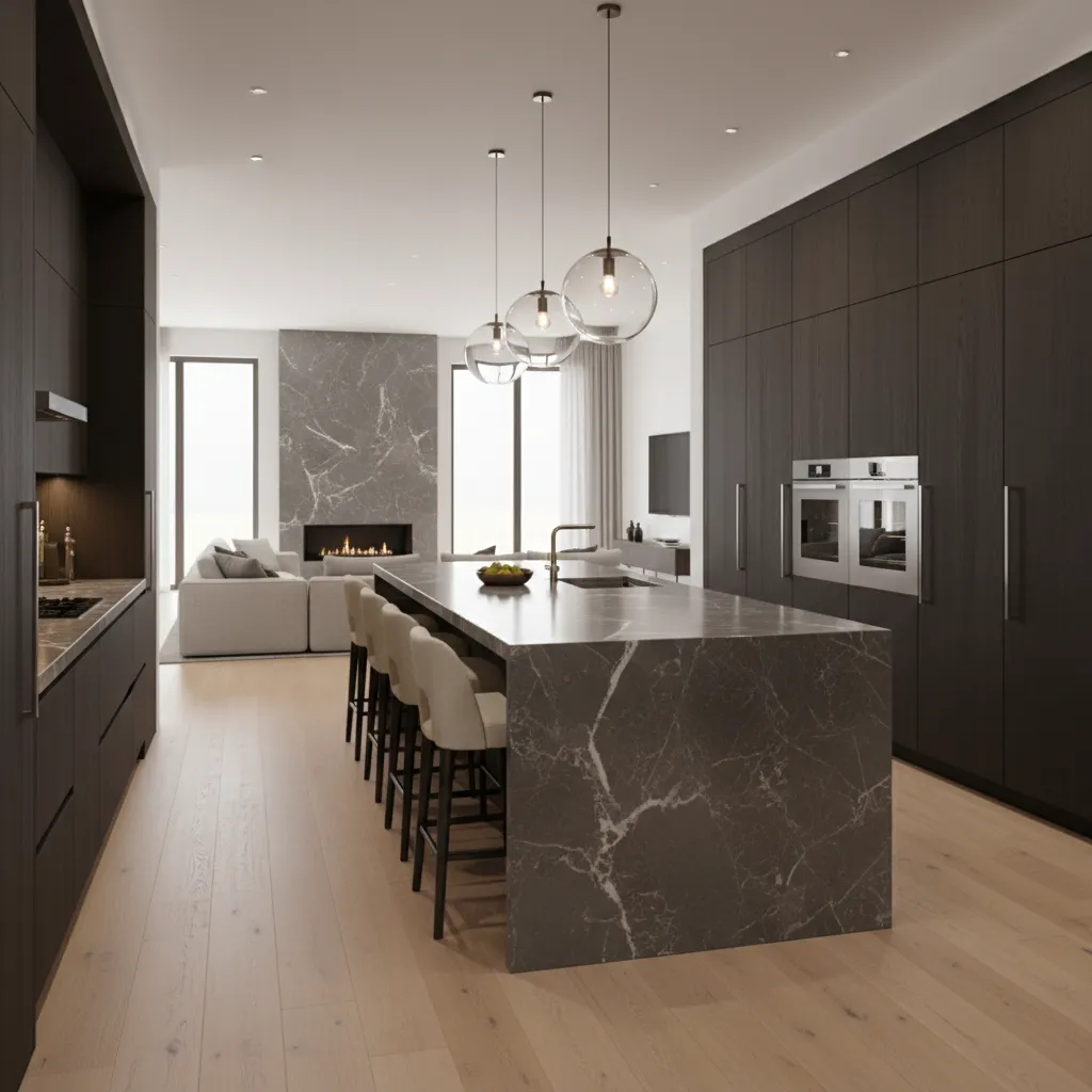 Kitchen island layout showing seating and cooking workflow space