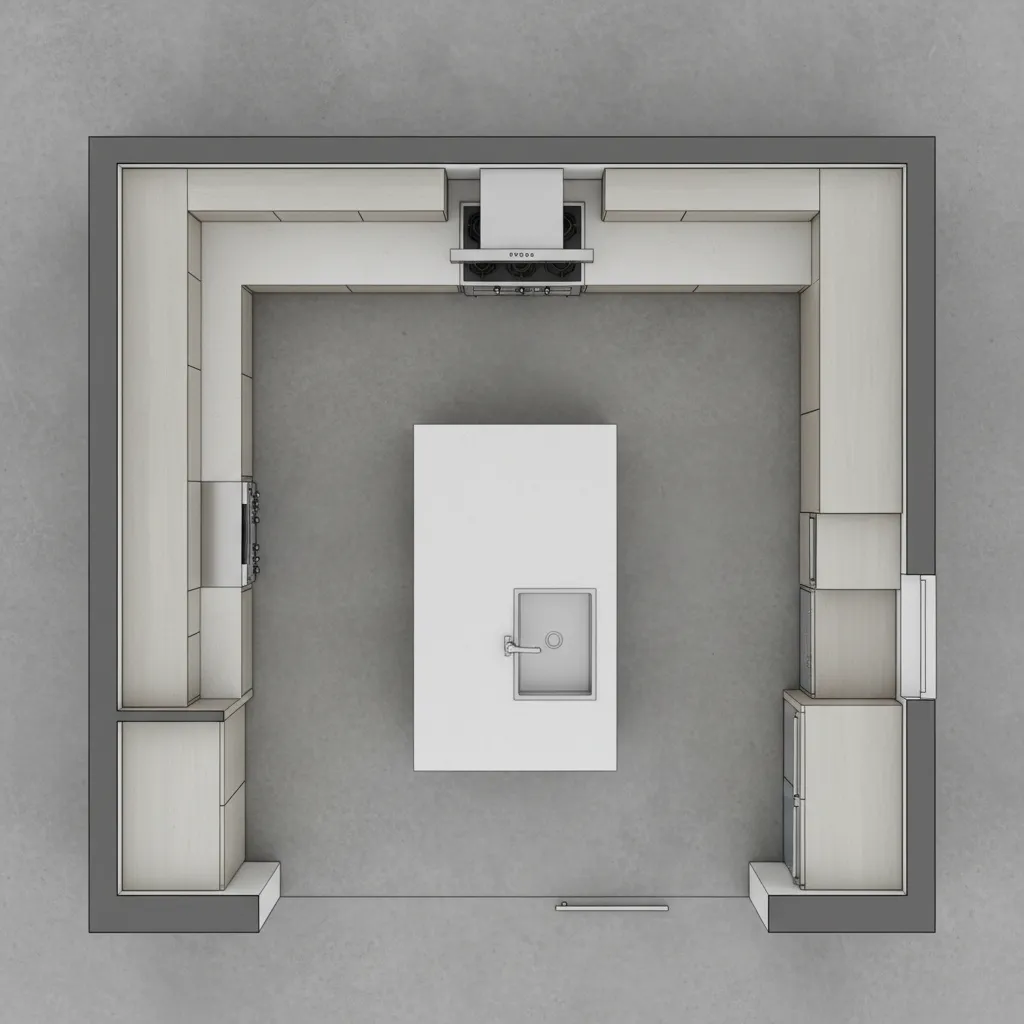 Top view kitchen layout showing island sink dishwasher workflow zones