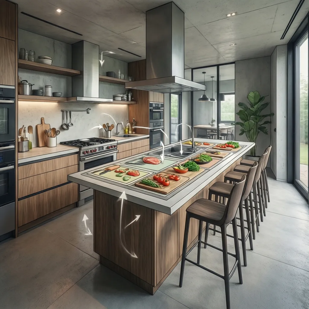 Interior design drawing of kitchen island showing food preparation workflow with arrows and bar stools