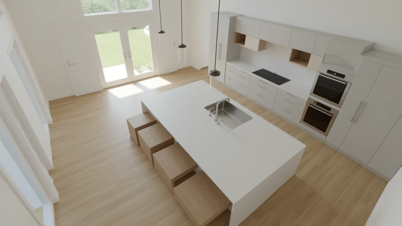 3D kitchen island layout showing walking paths between cabinets and appliances