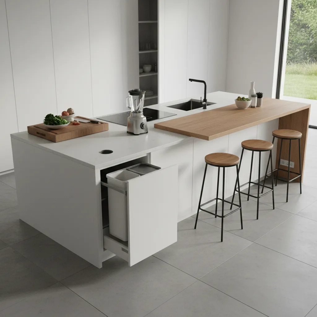 Kitchen island showing prep, appliance and seating workflow zones