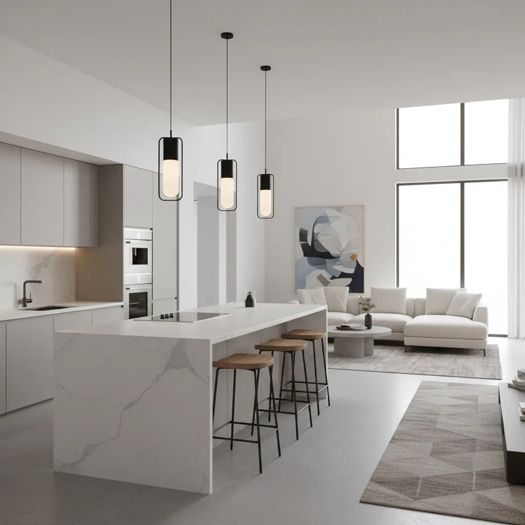 Large kitchen island dividing cooking space and living room
