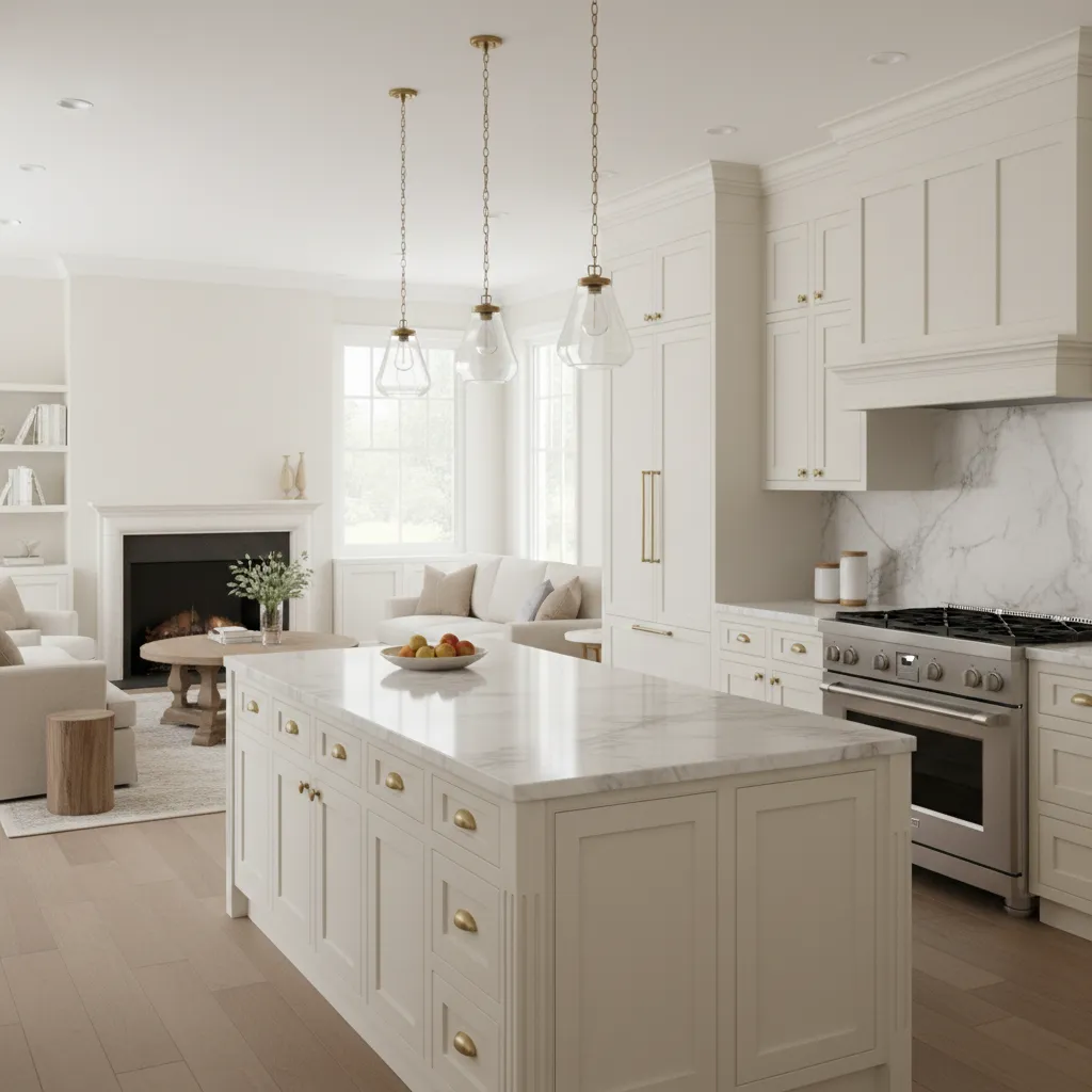 Kitchen island acting as a visual divider between kitchen and living room