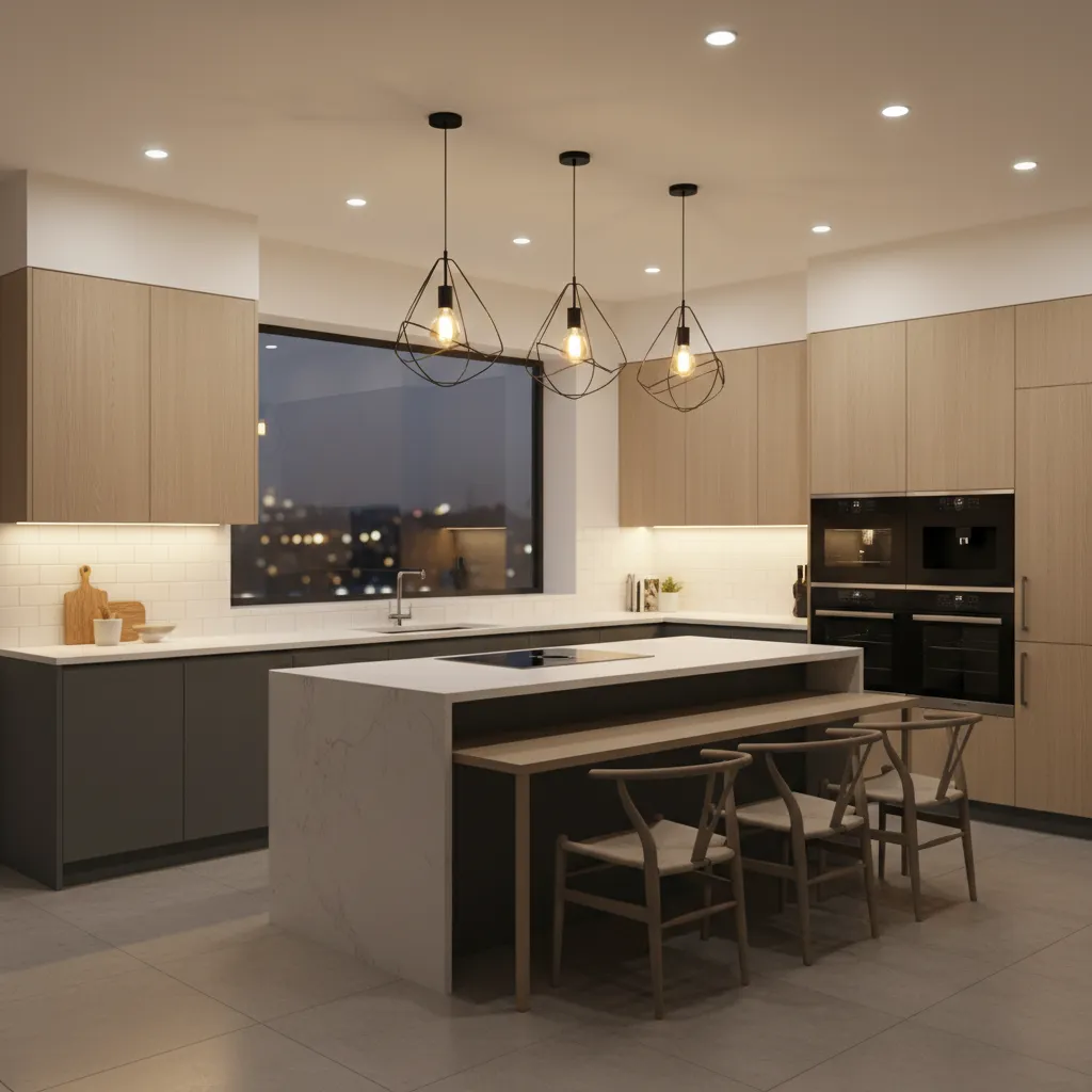 Kitchen with under cabinet lighting pendant lights and ambient ceiling lighting