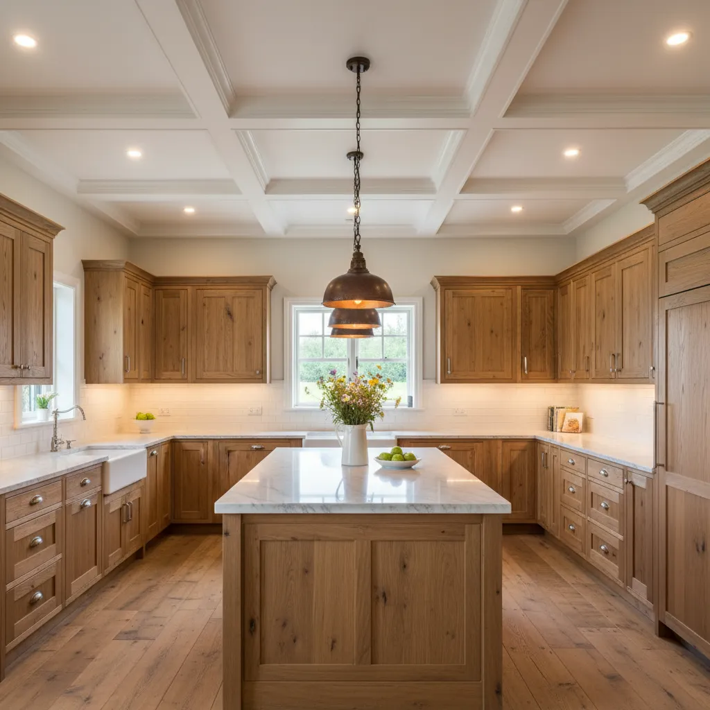 Large kitchen with oak wood cabinets marble island white ceiling and dark metal ceiling lights