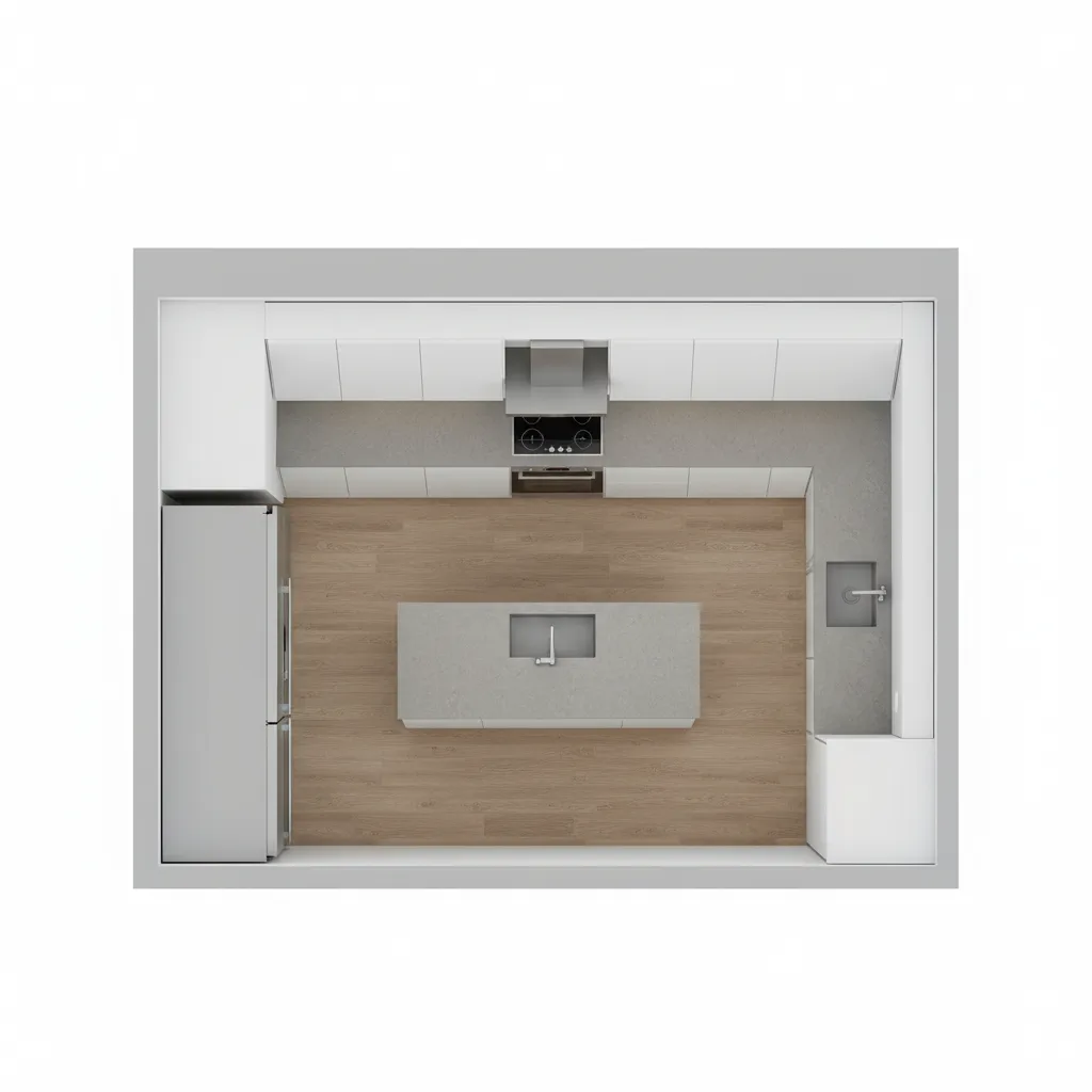 3D kitchen floor plan showing cabinets island and appliance layout