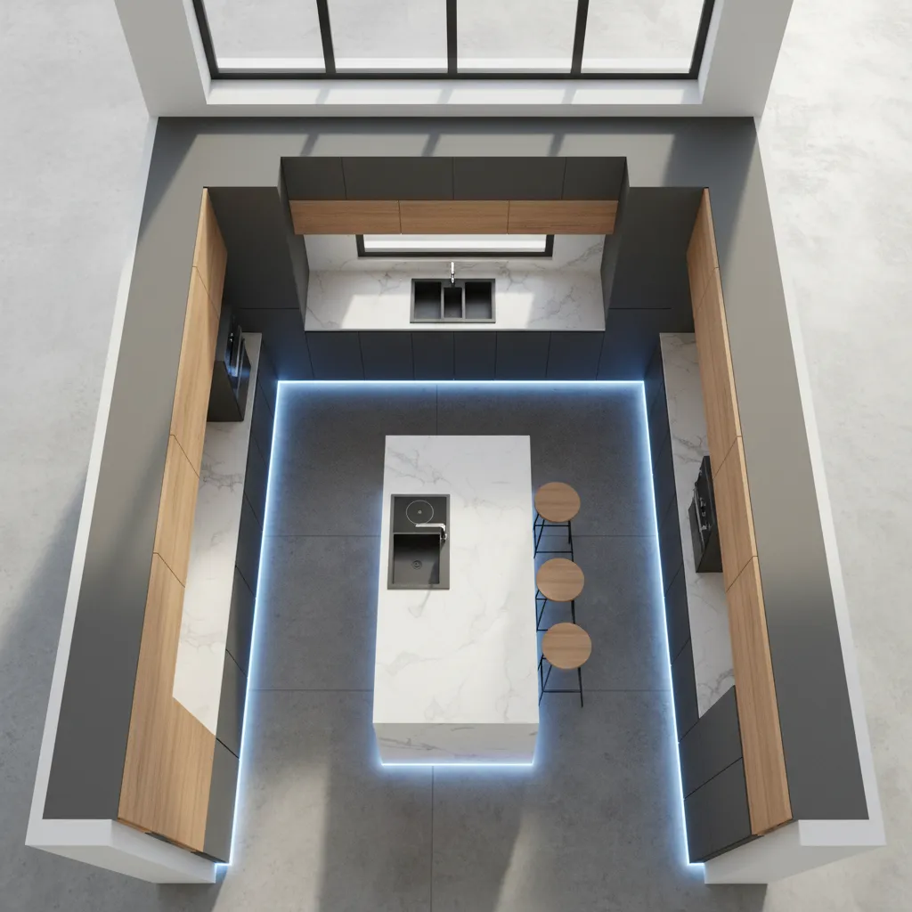 Plano 3D de cocina con isla mostrando espacio de circulación