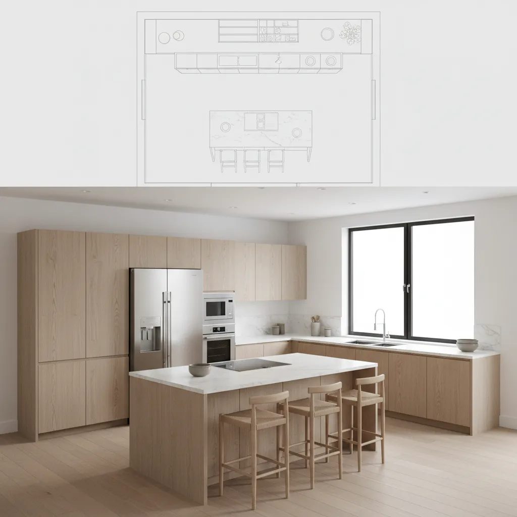 Visualización 3D de diseño de cocina con isla y electrodomésticos integrados