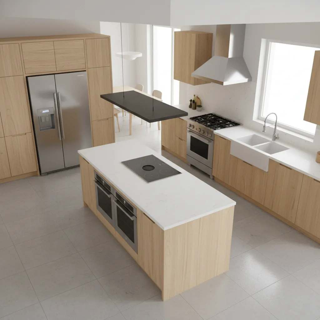 3D kitchen layout showing cabinets appliances and island placement