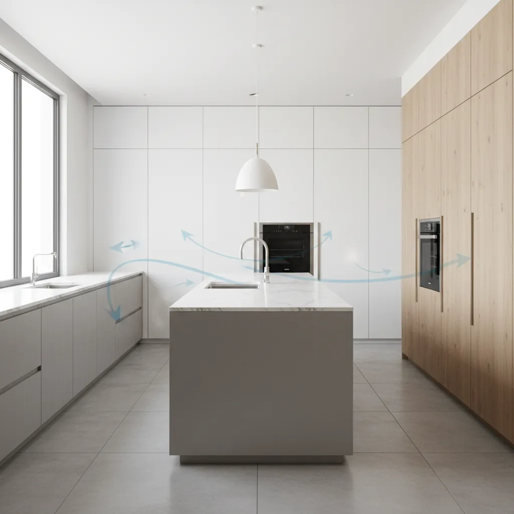 Modern kitchen design showing air flow arrows between white cabinets and a large grey island