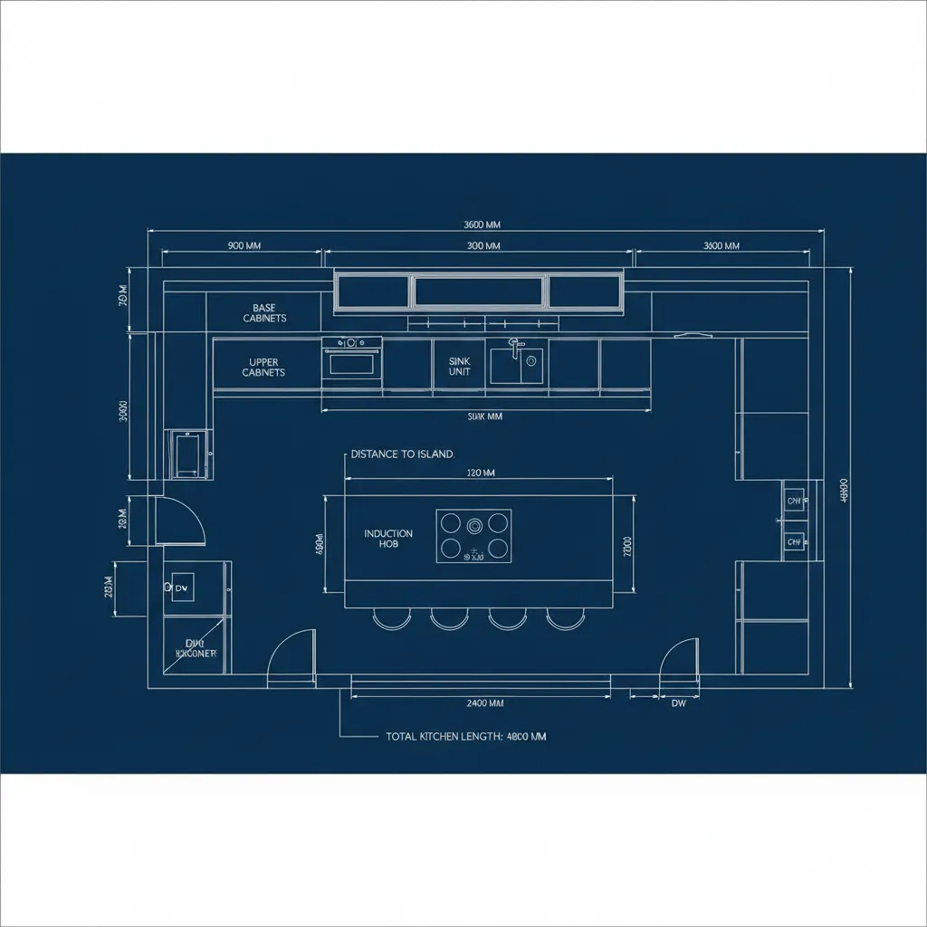 Plano de distribución de cocina diseñado en AutoCAD