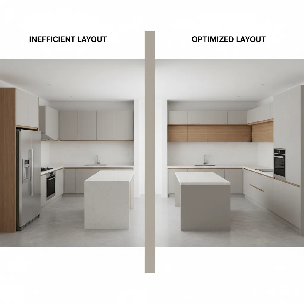 Comparison of inefficient kitchen layout and improved 3D planned layout