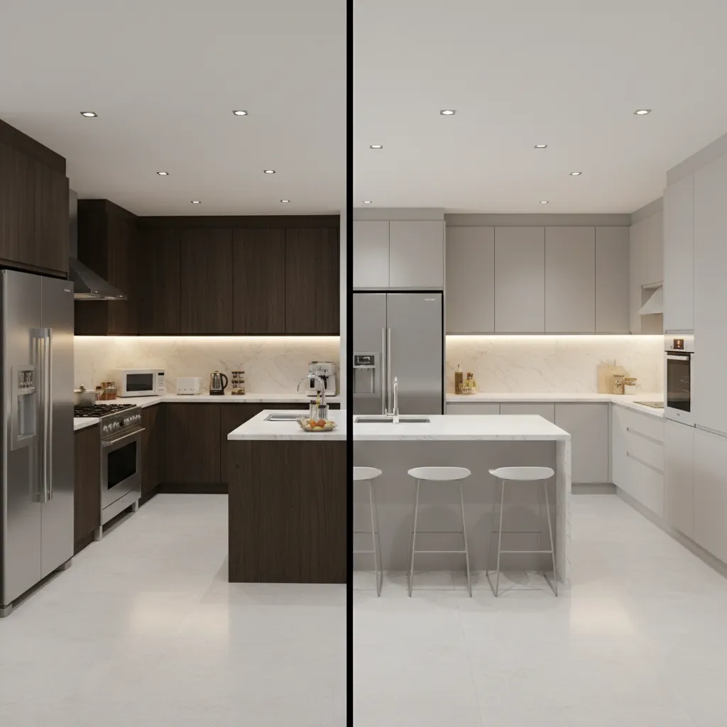 comparison of poorly planned kitchen layout and improved digital layout design