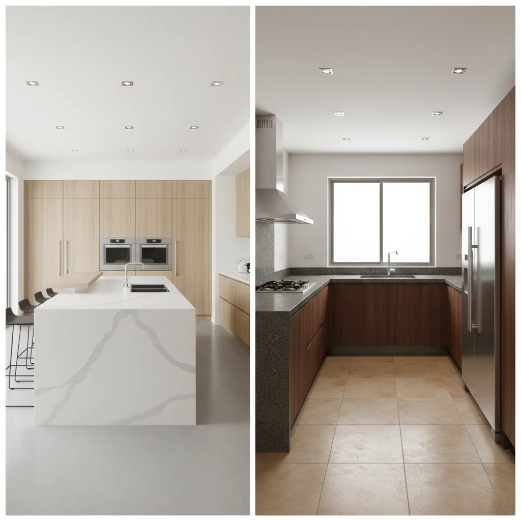 Comparison of two kitchen cabinet layouts visualized in 3D