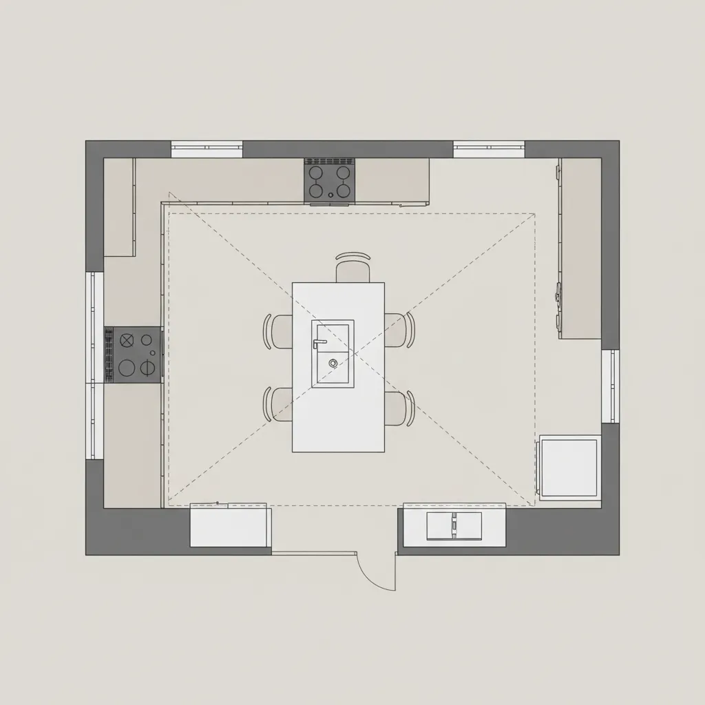 Kitchen layout planning diagram showing efficient work triangle between sink stove and fridge
