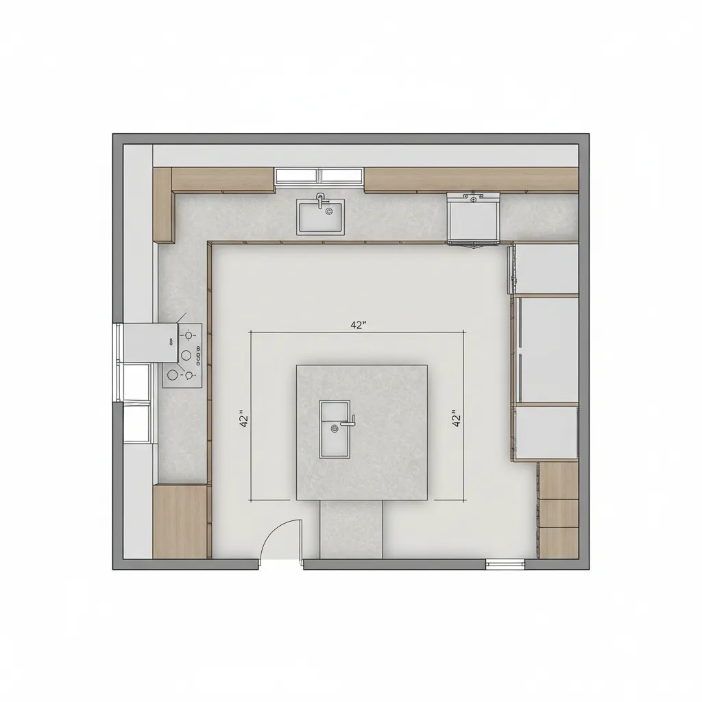 top down kitchen layout showing cabinet spacing and walkway clearances