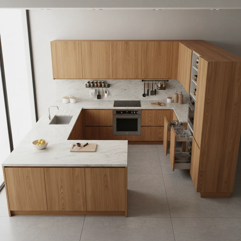 Kitchen layout showing cabinet zones for prep, cooking, and storage